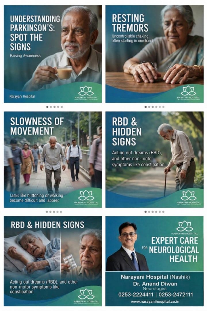 Parkinson's awareness posters: resting tremors, slowness of movement, acting out dreams and other non-motor signs